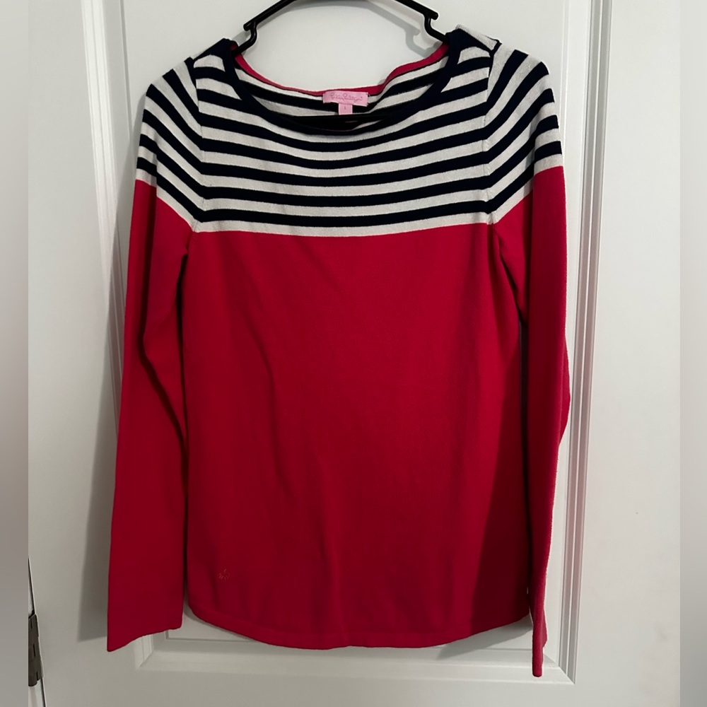 Lilly Pulitzer Light-Weight Sweater.  Pink with Black and White Stripes.